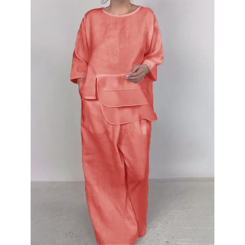 Женский весенне-летний однотонный свободный костюм для офиса, удобный свободный комплект из 2 предметов: футболка с круглым вырезом и брюки