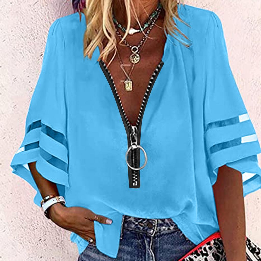Women's Fashion Solid Colour Casual Loose Mid Sleeve Patchwork T-Shirt Top