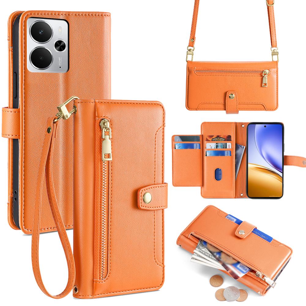 Для Realme 14 5G Кожаный чехол Кошелек с карманом на молнии Чехол для телефона с 2 ремешками
