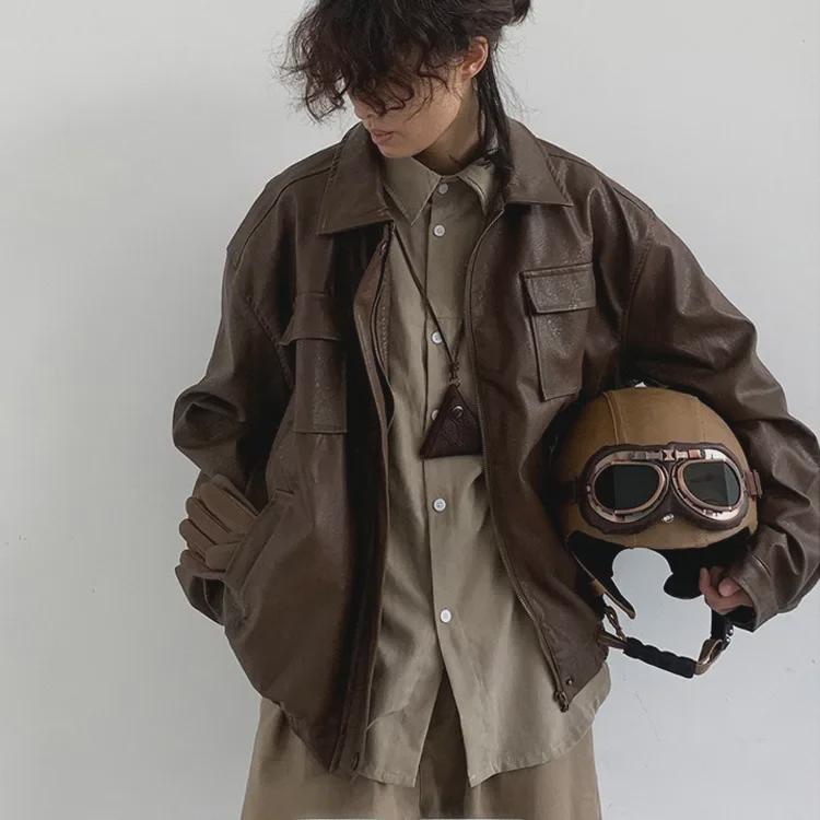 Унисекс ретро японский стиль свободная куртка из искусственной кожи мотоцикла