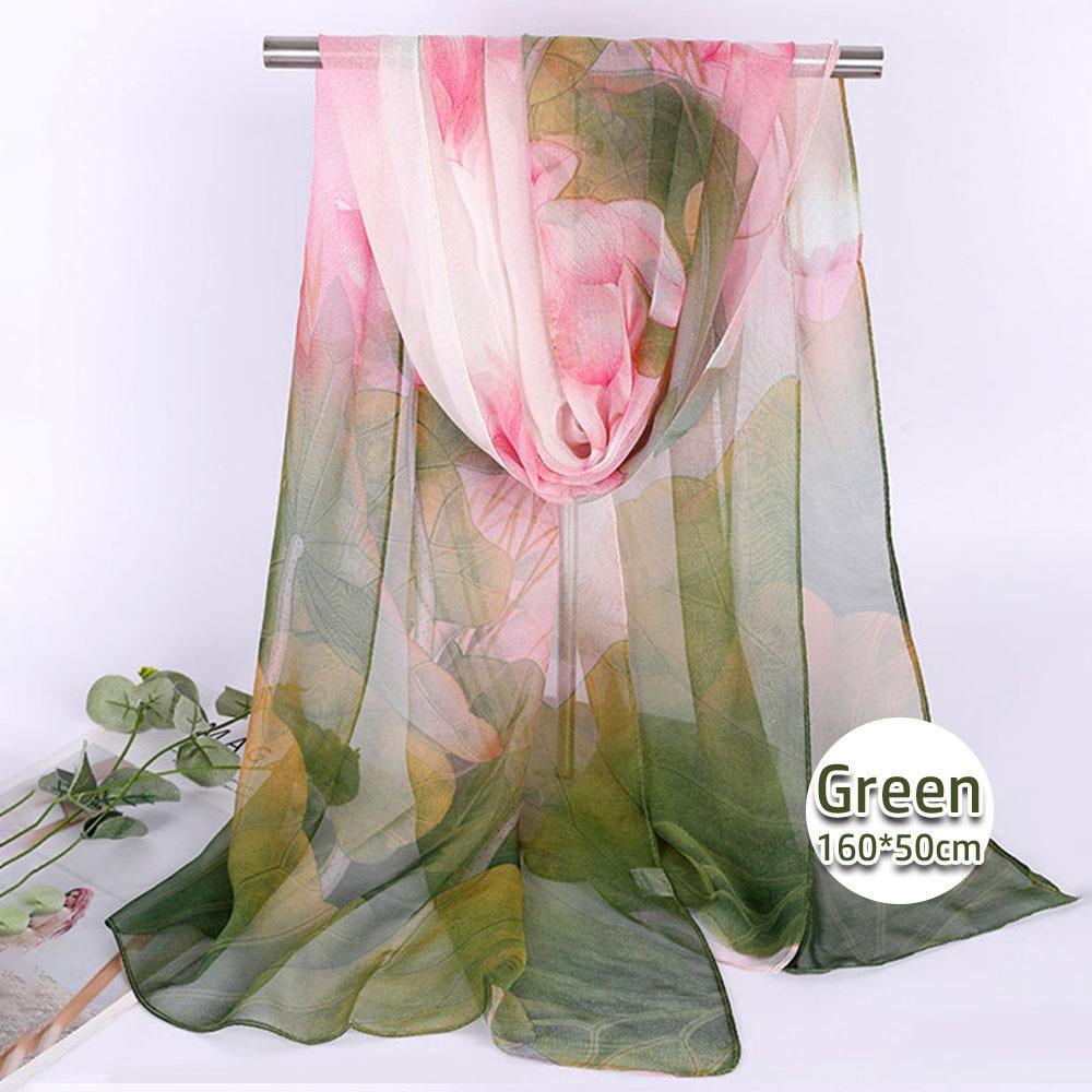 Fashion Floral Printing Silk Scarf Smooth Breathable Women Foulard Lotus Leaf Long Wraps Women