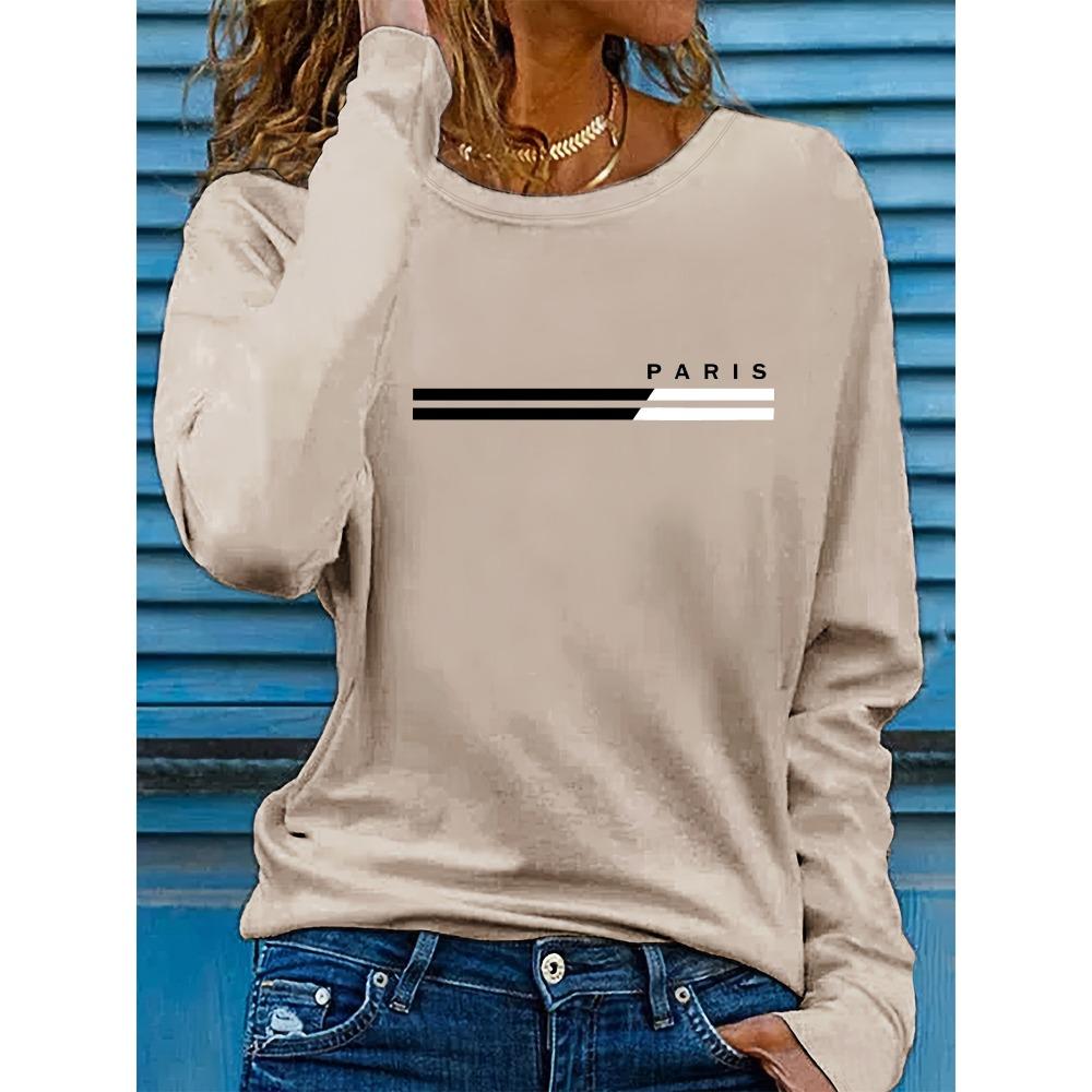 Women's Spring and Autumn Comfortable Casual Fashion Long Sleeve Paris Letter Printed Round Neck T-shirt