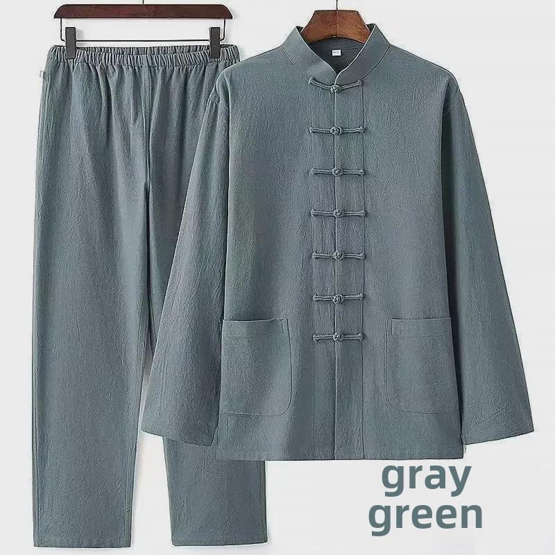 Мужской костюм Тан на весну и осень: Костюм из двух частей в китайском стиле из хлопка и льна с пуговицами