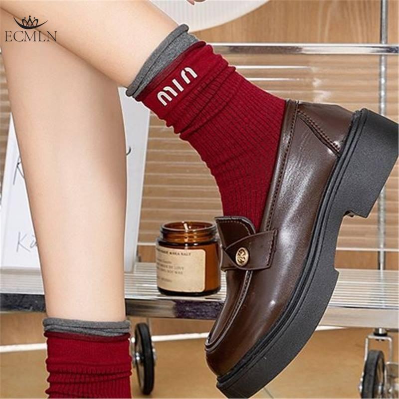 Ангоровые красные женские носки, модные носки средней длины с буквами, женские носки с цветными блоками и загнутыми краями