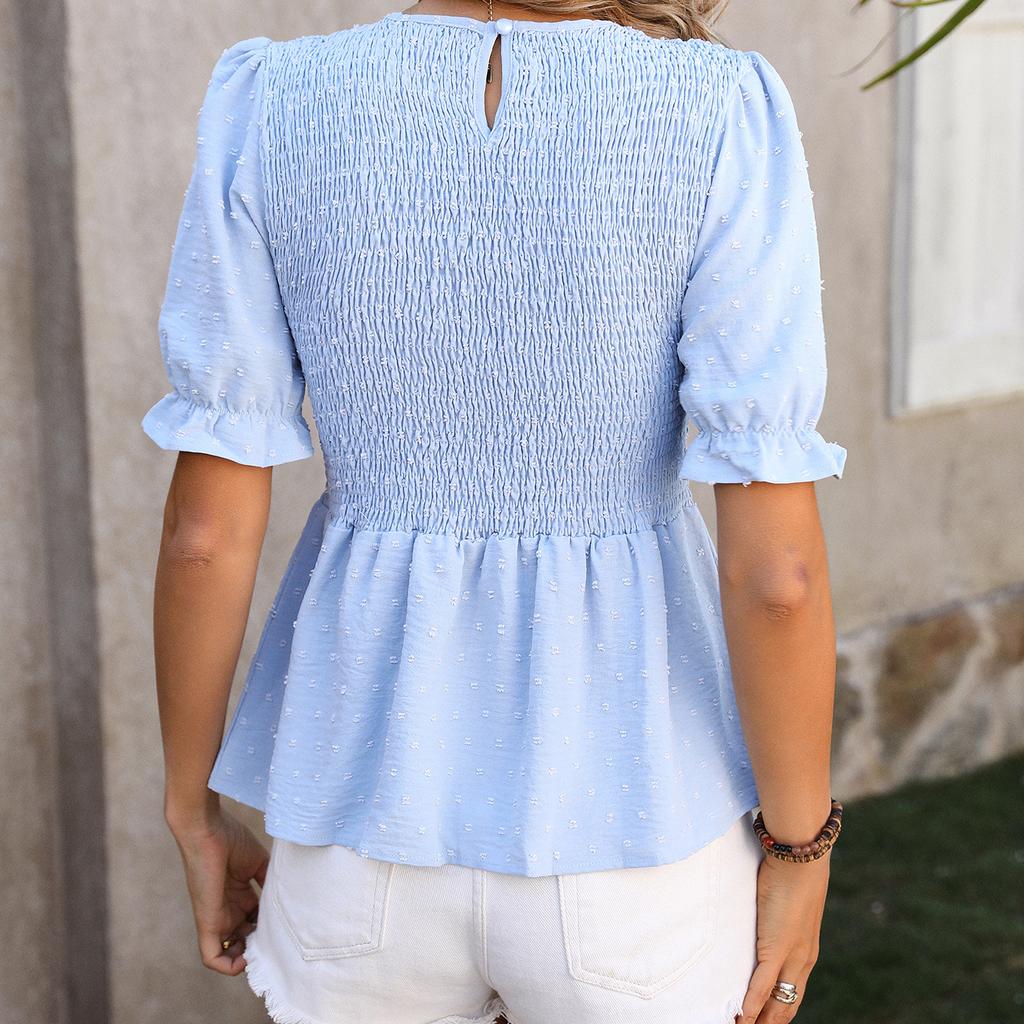 VEZFAA Женские модные повседневные летние весенние однотонные блузки и рубашки с круглым вырезом и рукавами 1/2 с принтом