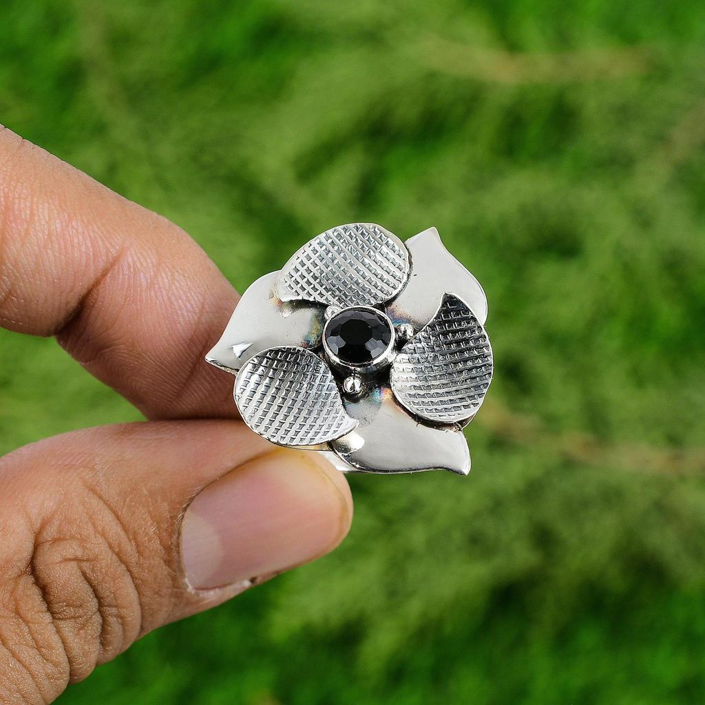 Natural Onyx Gemstone Statement Flower Black Adjustable Ring 925 Sterling Silver