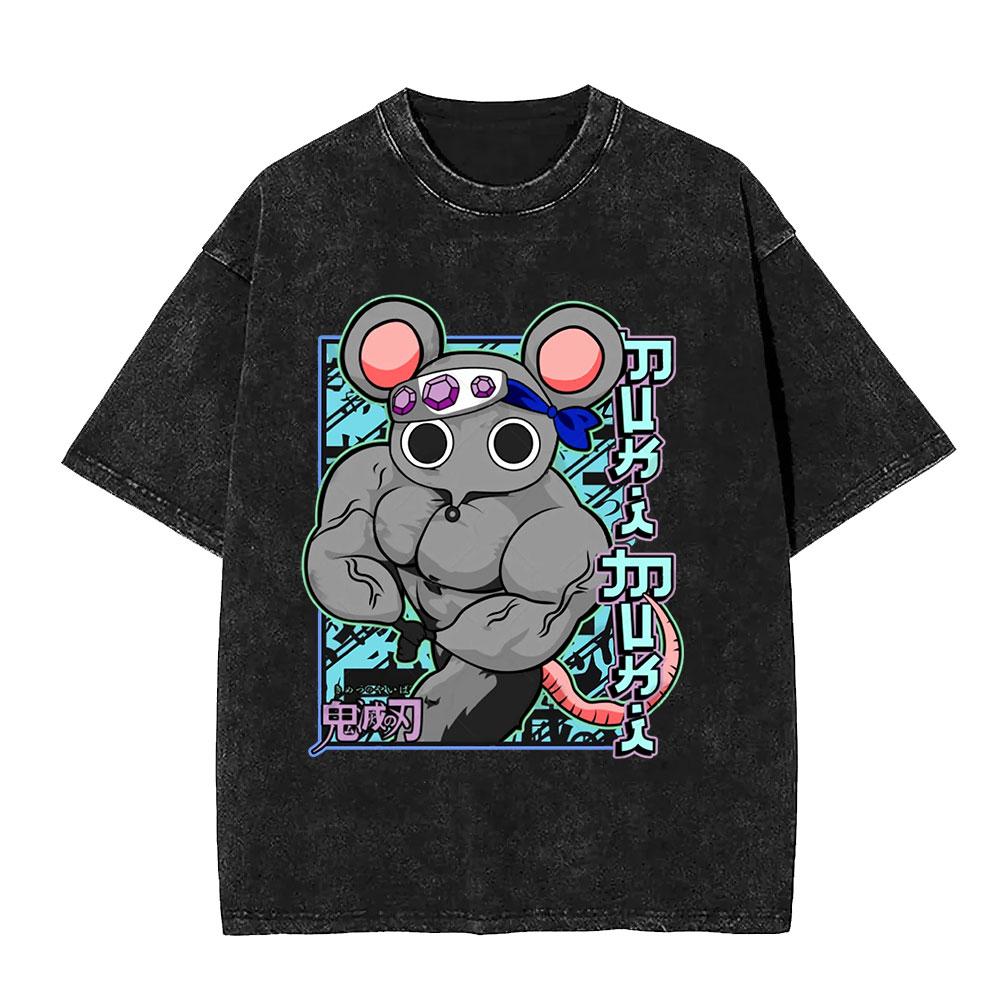 Japanese Anime Demon Slayer Uzui Tengen Washed Tshirt Muscular Ninja Mice Muki Gym Mouse Graphic Tshirts Oversized Streetwear