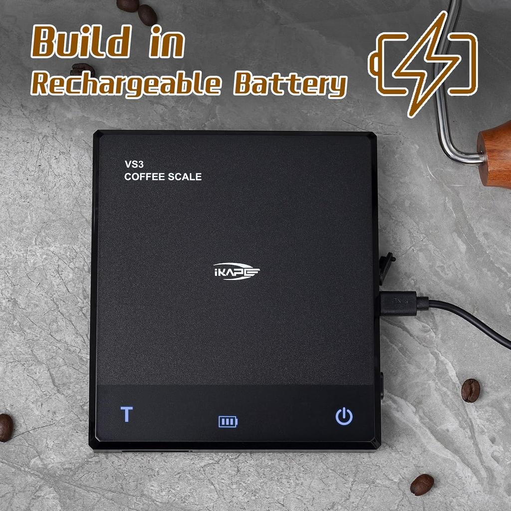 IKAPE Digital Coffee Scale with Timer, 2kg/0.1g High Precision Rechargeable Drip Espresso Scale with Tare Function, LED Display(Black)