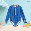 Girls High Neck Long Sleeve Front Zip One Piece Printed Swimsuit Black White Khaki