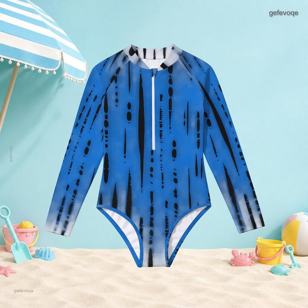 Girls High Neck Long Sleeve Front Zip One Piece Printed Swimsuit Black White Khaki