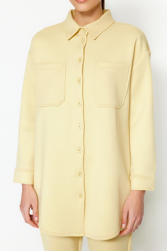 Women's Fashion New Hijab Bottom-Top Set Yellow Pocket Detailed Shirt-Pants Knitted Suit