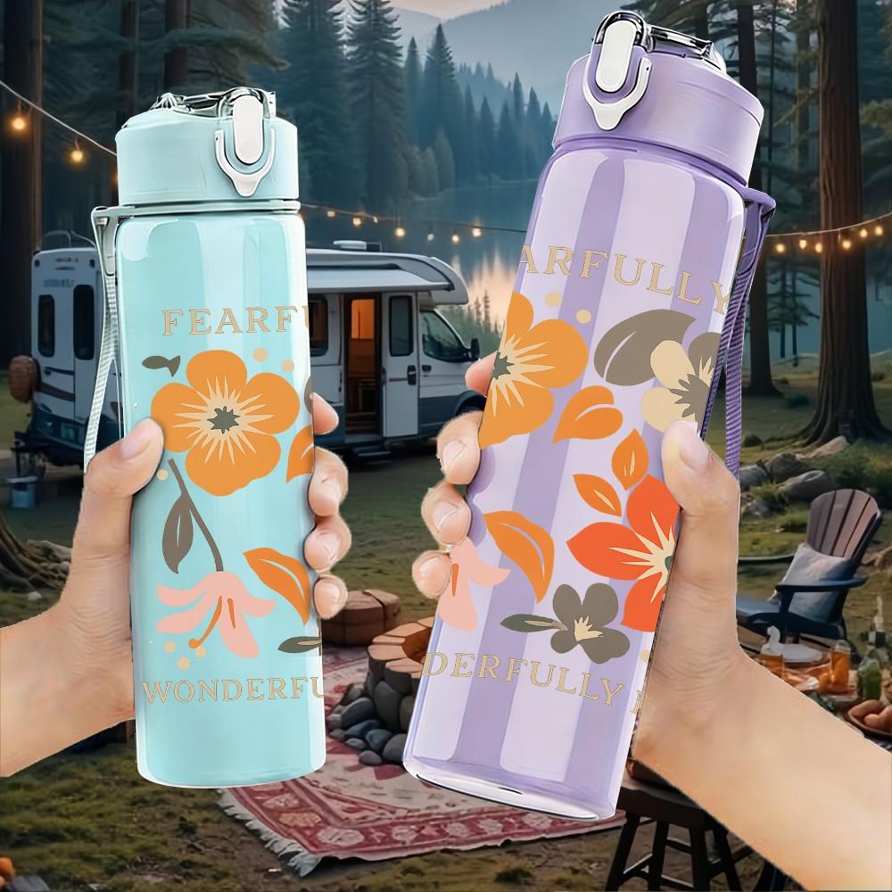 1PC Peach Floral Botanical Pattern 750ml Color Plastic Sports Water Bottle Leakproof Flip Straw Lid Suitable for Sports Office Home Use