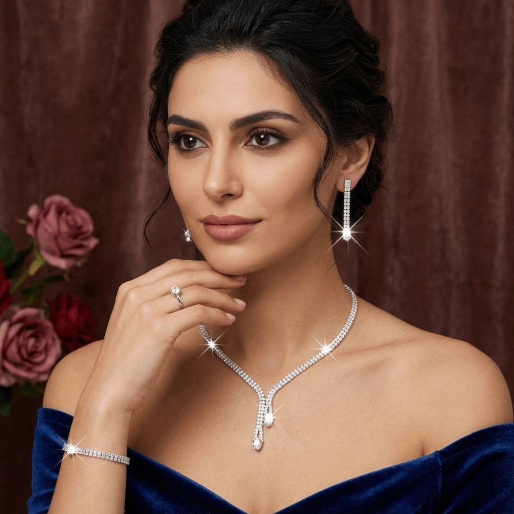 Light Luxury Earrings Bracelet Necklace Ring Set Minimalist Crystal Earrings Chain Set Party Gift
