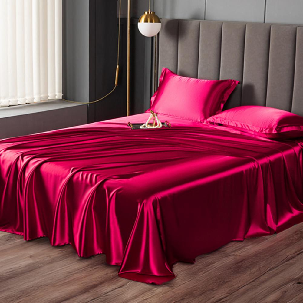 Glossy Satin Silk Bed Sheet With 2 Pillowcase Twin/Full/Queen/Top Sheets Solid Color Flat Bed Sheets Smooth Bed Sheet Sets