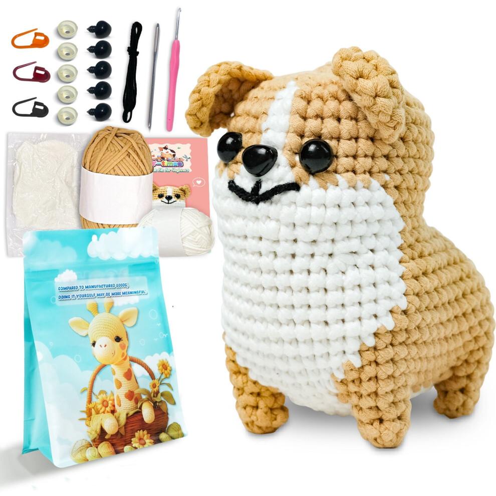 Corgi Crochet Kit for Adults – Beginner Starter Set with Yarn, Hook, Stuffing, Safety Eyes, Instructions | DIY Knitted Animal Doll Craft Gift
