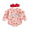 Baby Girl 2Pcs Spring Outfits Long Sleeve Round Neck Heart Bow Print Romper with Headband Set Infant Clothes