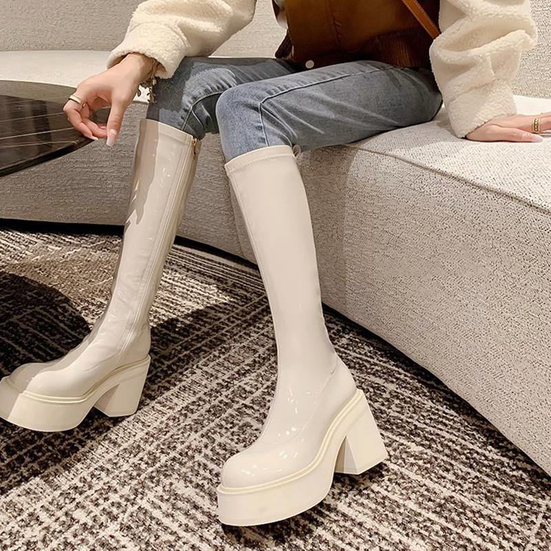 High Heel Women Knee High Boots Fashion Elegant Patent Leather Shoes Autumn Winter Punk Style Women's Morder Long Booties