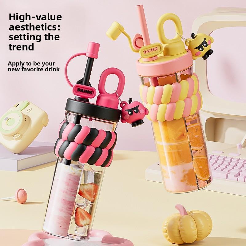 Kids Cartoon Style Double Compartment Plastic Water Bottle With Straw For Gifts And Parties