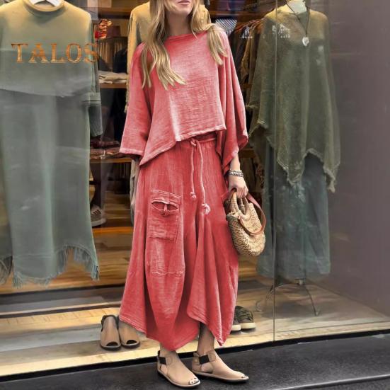 2 Pcs/Set Women Top Skirt Suit Round Neck Three Quarter Sleeve Slant Hem Vintage Top Drawstring Elastic Waist Loose Irregular Maxi Skirt Spring Daily