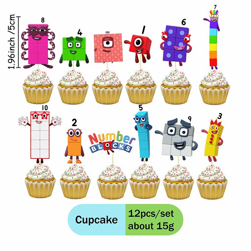 Number Celebration Decor Disposable building block Plates Cups Drinking Straw Cake Flag Balloons Background Holiday Party Suppli