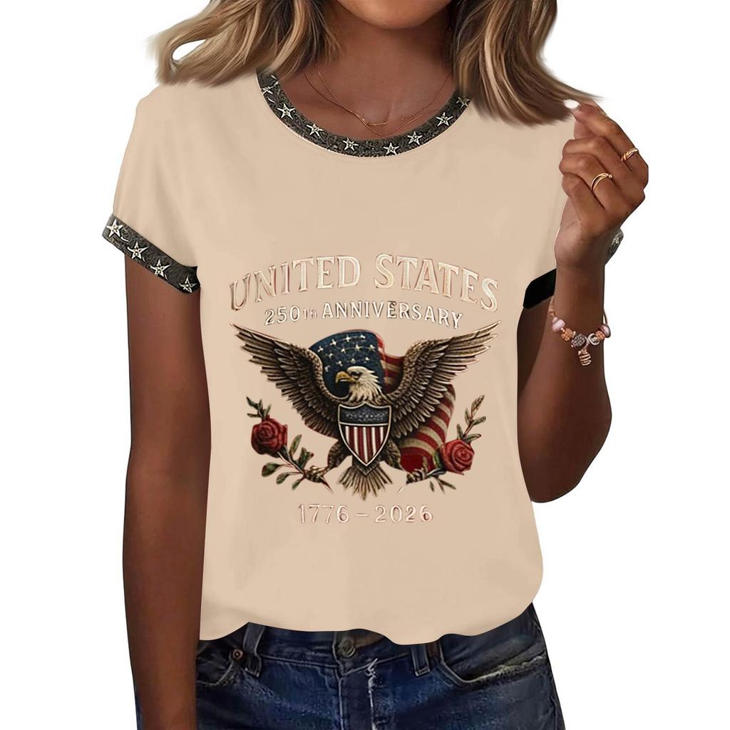 Women's Casual Pullover Short Sleeve T Shirt Crew Neck Graphic Print Top Relaxed Fit Lightweight Soft Fabric Summer Tee