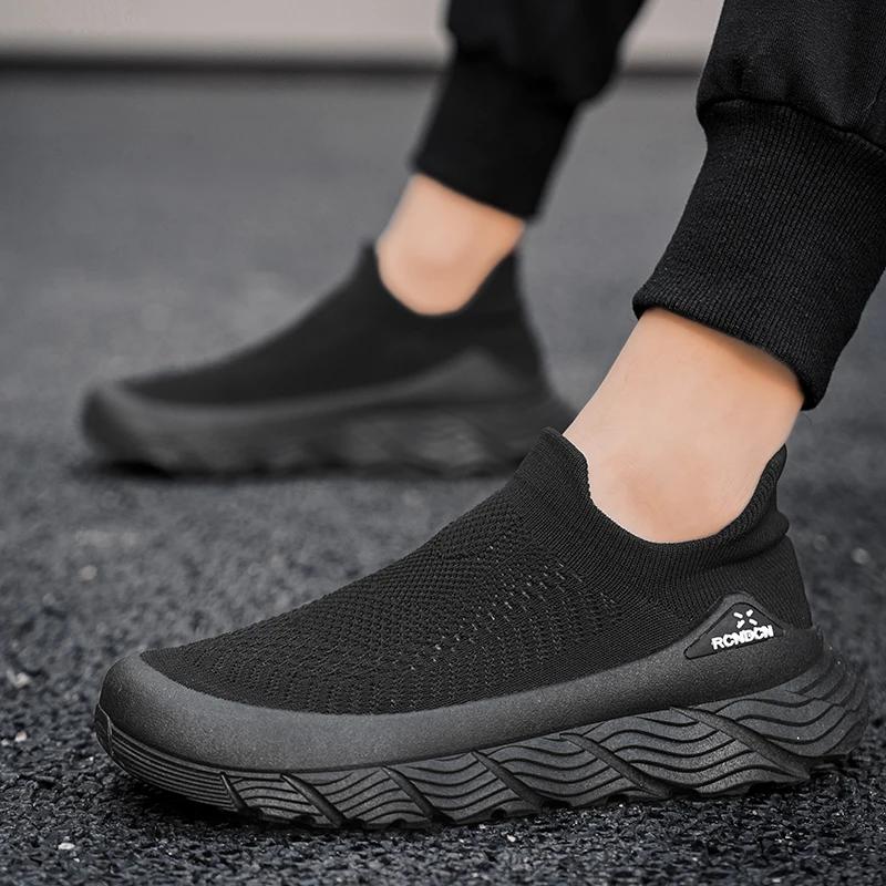 Men's Shoes Summer New Fly Woven Mesh Breathable Comfortable Platform Men's Sneaker Casual Soft Sole Fashion Black Slip-On Shoes