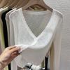 Женский летний тонкий вязаный кардиган с V-образным вырезом, короткий фасон, кардиган с кондиционером, шаль, верхняя одежда, шелковое солнцезащитное пальто с длинными рукавами
