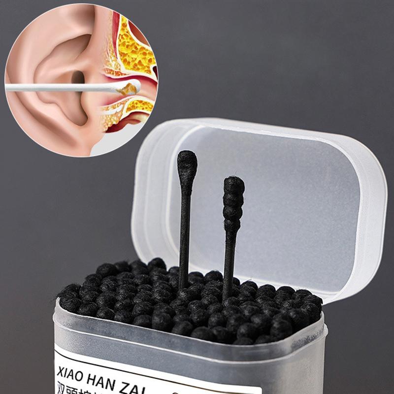 100 шт./кор. 2-в-1 ложка для чистки ушей, двухсторонняя ватная палочка, спиральный очиститель ушей, одноразовый очищающий черно-белый ватный тампон