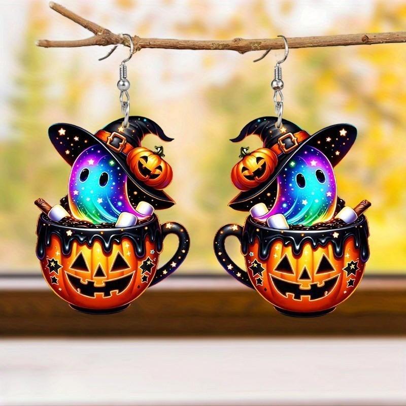 Colorful Halloween Themed Cartoon Ghost Pumpkin Pattern Women Earrings Acrylic