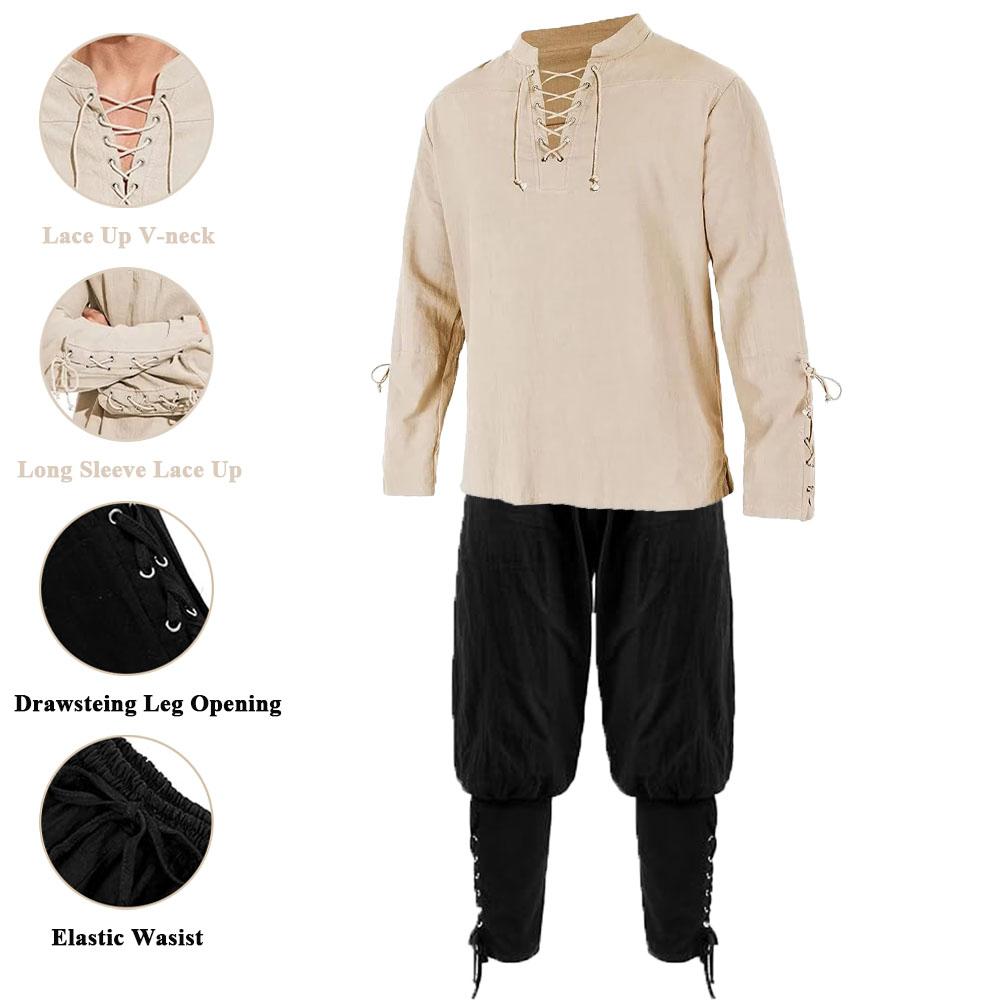 Men's Renaissance Sets Pirate Shirts and Pants Men Costume Cotton Linen V-neck Drawstring Party Dress Two Pieces
