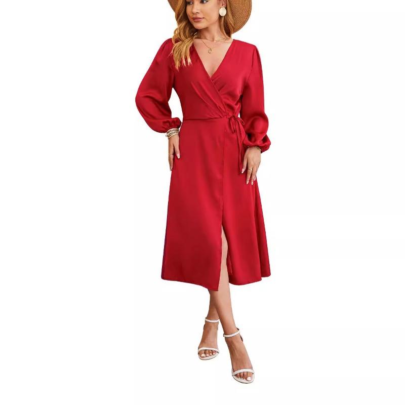 Весенне-осеннее женское платье, однотонное сексуальное платье с v-образным вырезом и разрезом подол