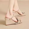 Fairy Wind Ruffle Edge Pearl Two Wear Wedge Sandals with Skirt Square Head High Heel Open Toe Word with Roman Sandals