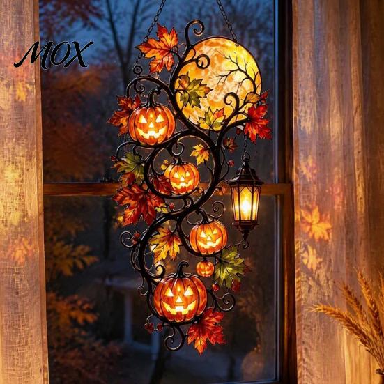 Pumpkin Moon Lantern Ornament Halloween Ornament, Acrylic Stained Glass Window Seasonal Hanging Sign Decoration, Autumn Maple Leaf Suncatcher Pendant
