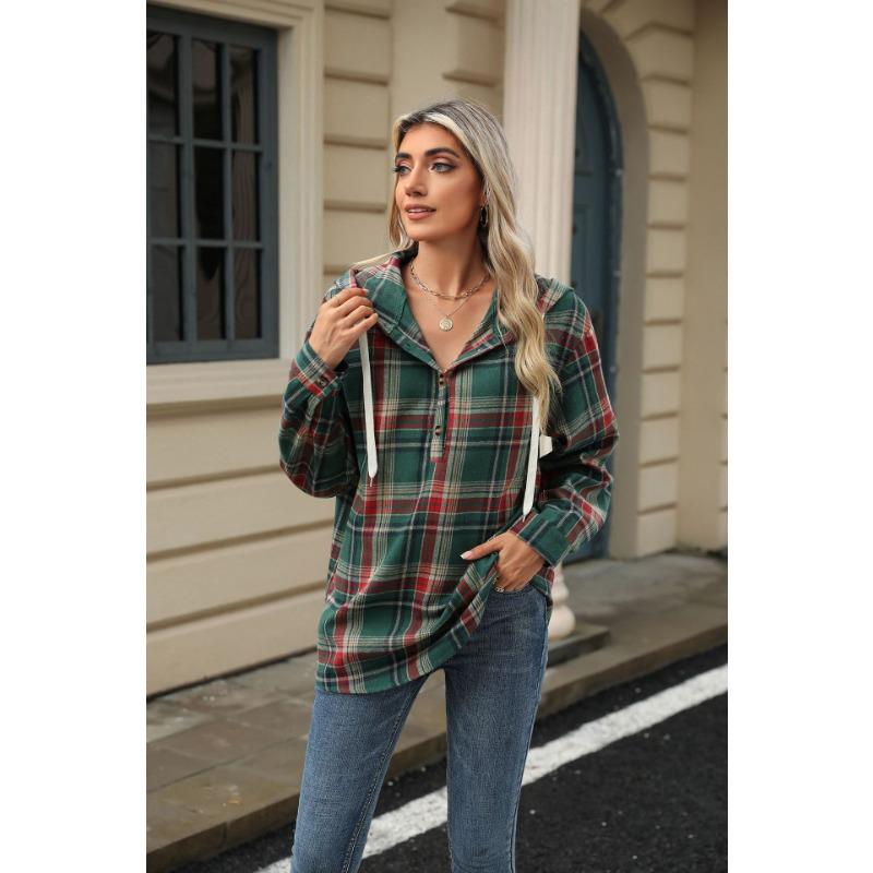 Осенне-зимняя женская куртка больших размеров с длинными рукавами и капюшоном на пуговицах, клетчатая толстовка