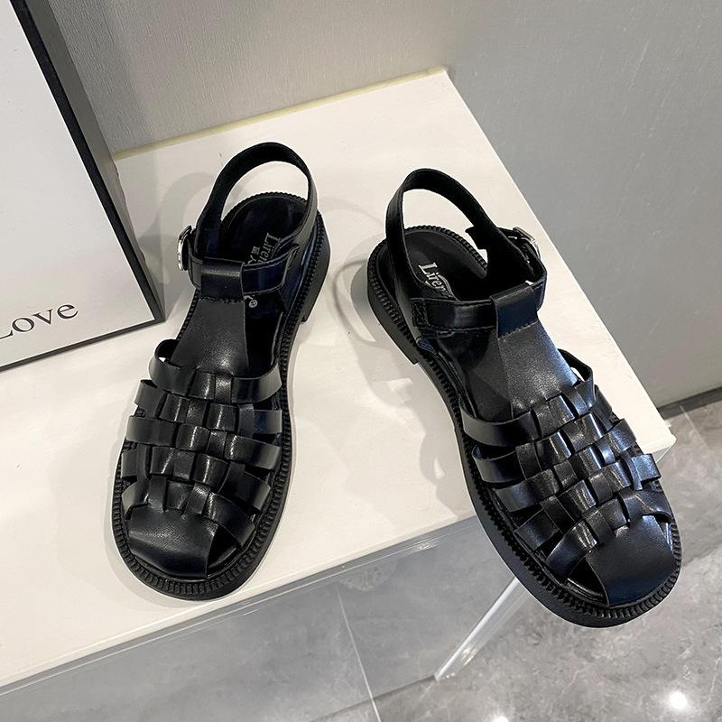Модные женские сандалии Baotou однорядные сандалии с пряжкой на низком каблуке женские летние 2024 плетеные римские женские туфли женские сандалии на плоской подошве