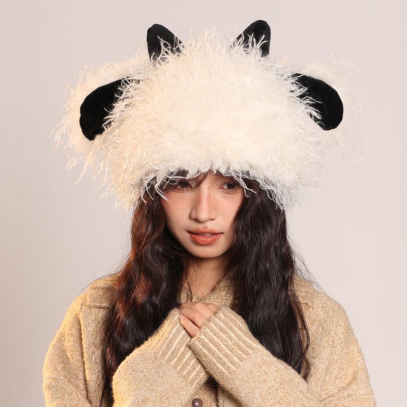 Cute Funny Little Lamb Plush Hat for Women In Autumn and Winter Warm and Cold Knitted Hat Showing Face with Little Sweet Fisherman Pullover Hat
