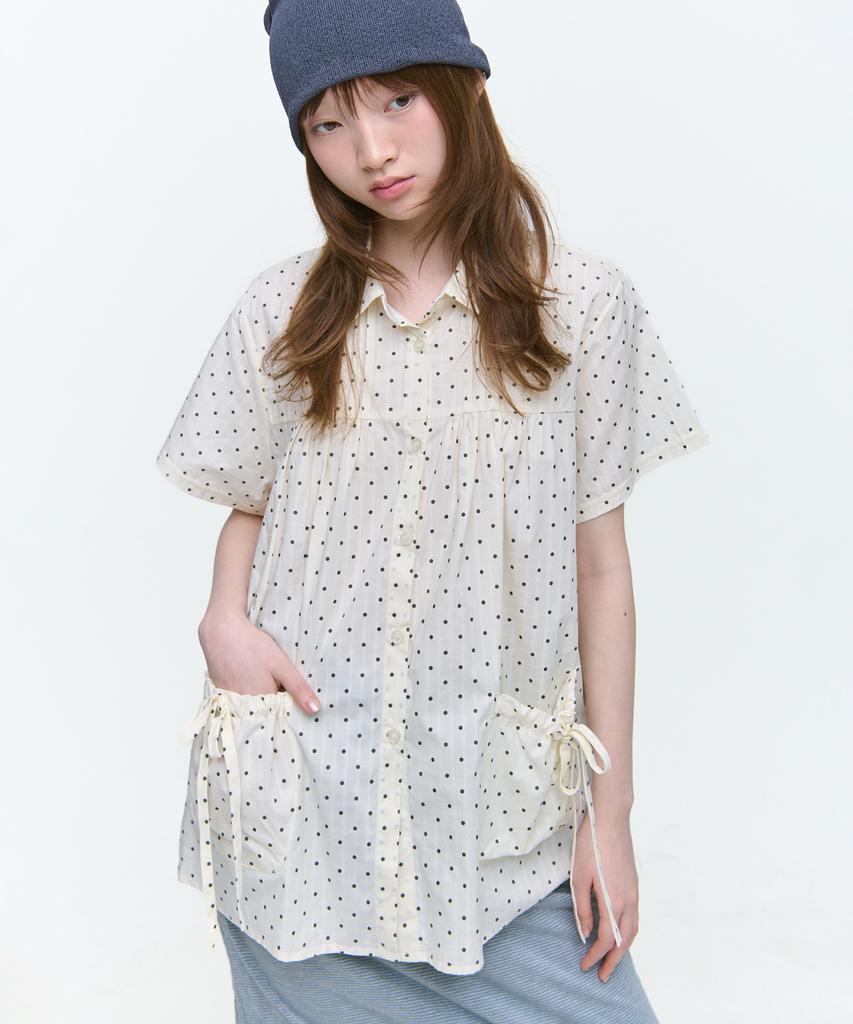 SOME PLACE Dot Layered Shirred Pocket Ribbon Strap Round Collar Short Sleeve Blouse Shirt [Ivory]