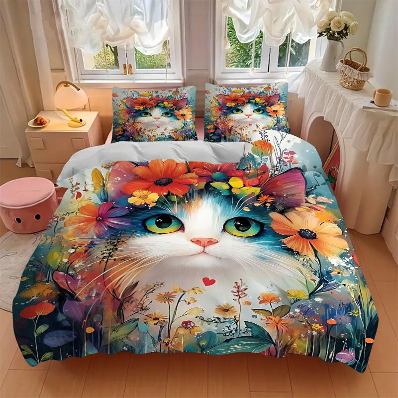 3pcs Cat Artwork Ideas Design Quilt Cover Set - Soft & Comfortable Polyester Fabric, All-Season Breathable Comforter Set For 1 Quilt Cover & 2 Pi