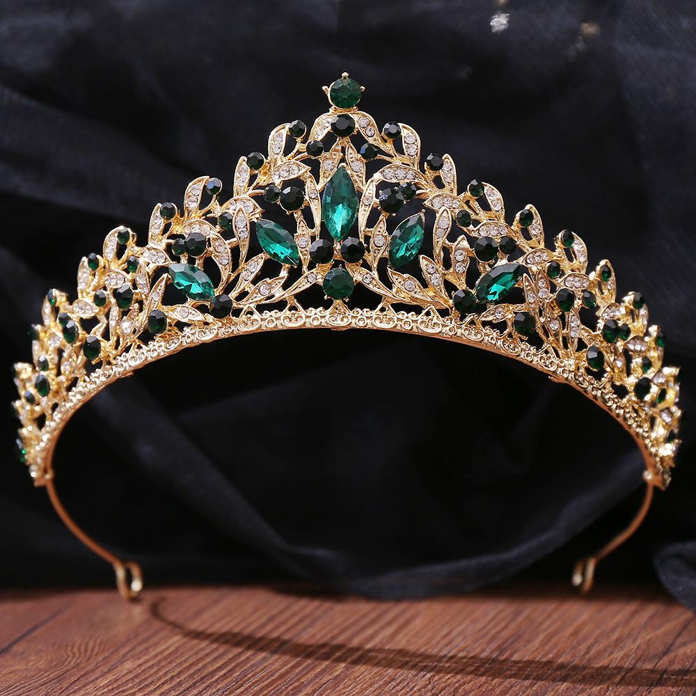 Baroque Luxury Queen Green Crystal Crown Bride Tiara Wedding New Women Korean Princess Headpiece Hair Jewelry Accessories