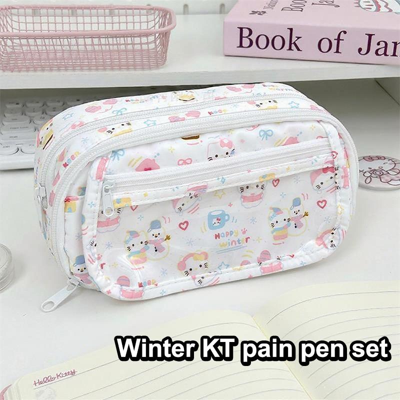 Мультяшные Милые Sanrio Hello Kitty Многослойные Пеналы Сумка Кот Kt Большая Вместимость Сумка для Хранения Студенческие Пеналы Канцелярские Товары Подарки