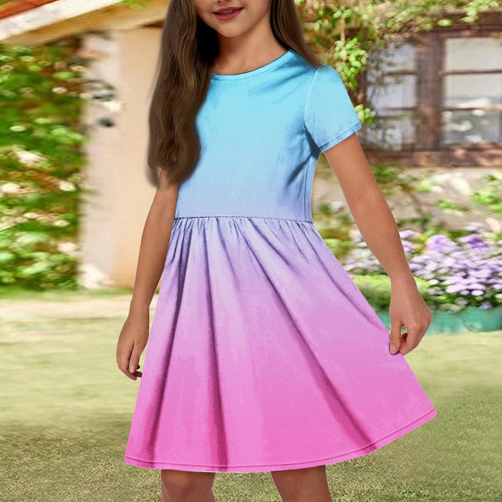 Летнее платье для девочек, однотонное платье без рукавов с принтом и карманом, повседневное платье, вечернее платье с короткими рукавами