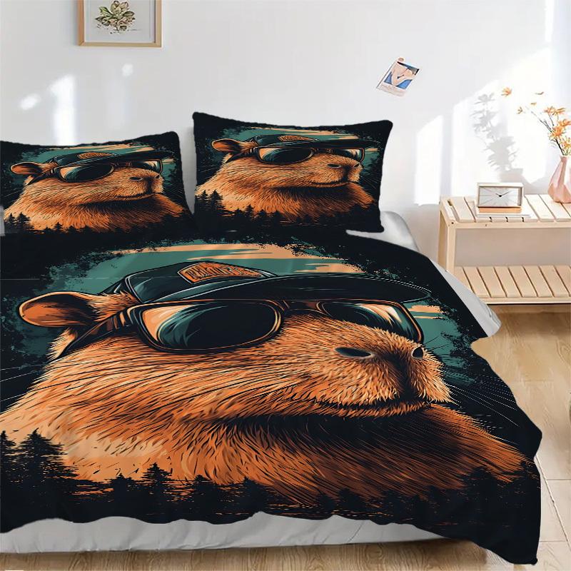 3PCs Cool Capybara Design Cover Set, Breathable Fabric, Machine Washable (1 Duvet Cover + 2 Pillowcases) (Without Quilt) yy250911150