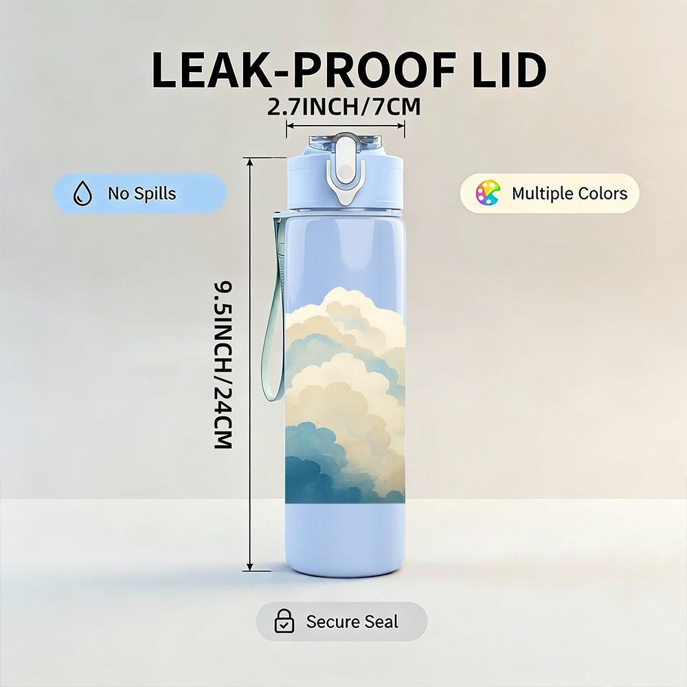 1PC Soft White Cloud Landscape Art 750ml Color Plastic Sports Water Bottle Leakproof Flip Straw Lid For Sports Office Home Use