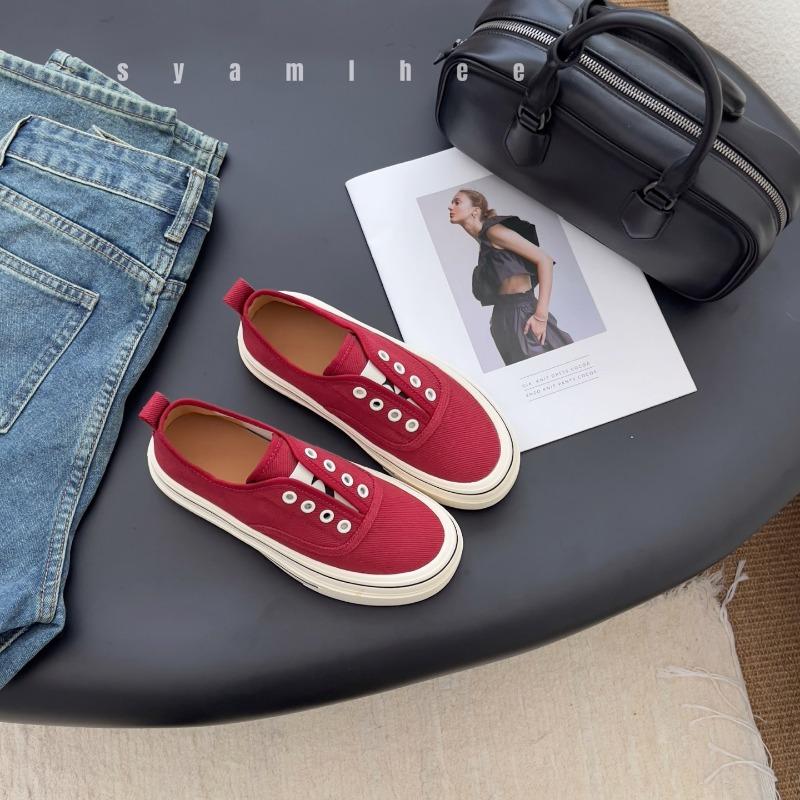 Leather one-pedal heightening platform casual canvas shoes women's spring and autumn new retro lace-free sports shoes