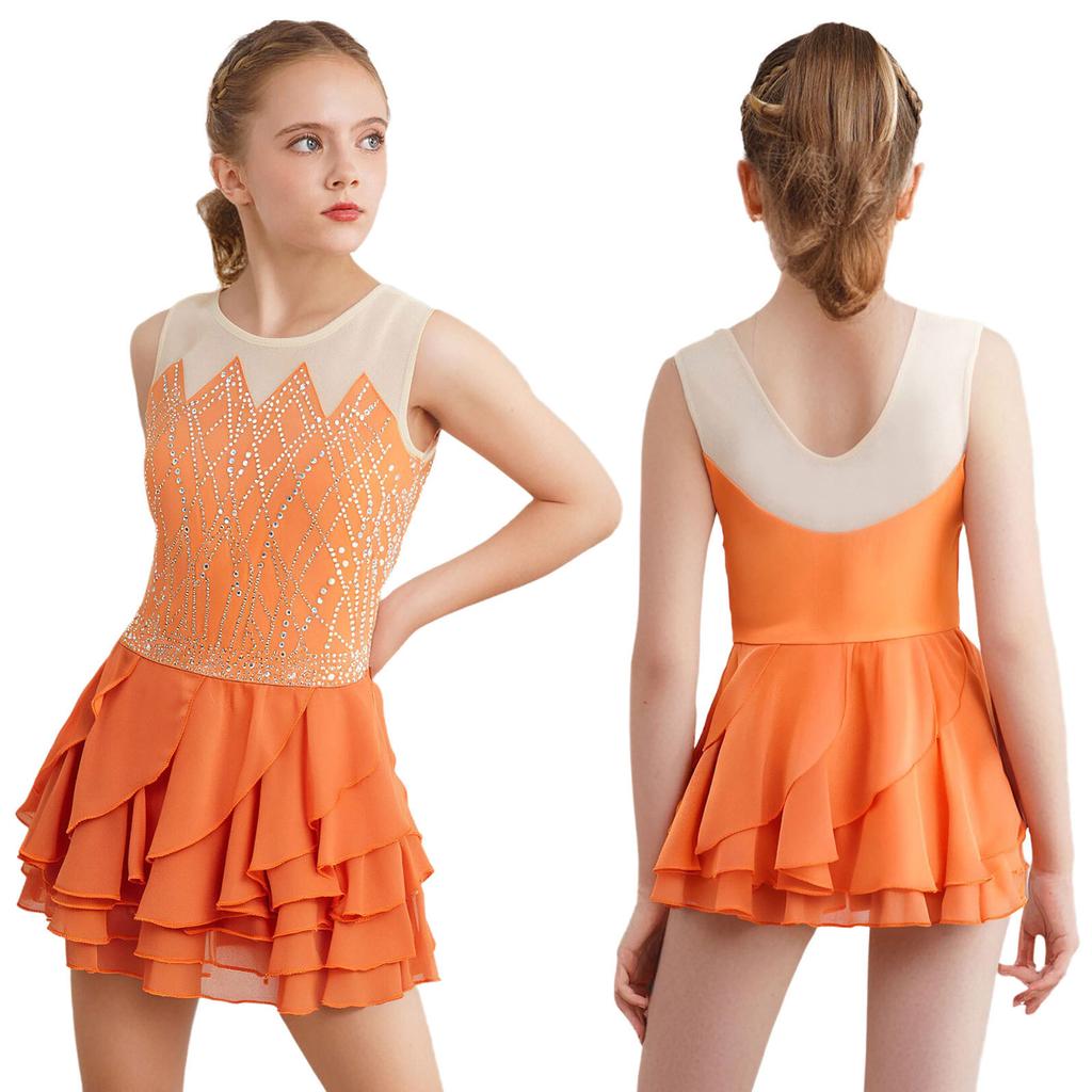 Kids Girls Rhythm Gymnastics Ballet Skirted Leotards Dresses Shiny Rhinestones Figure Skating Lyrical Dance Performance Costume