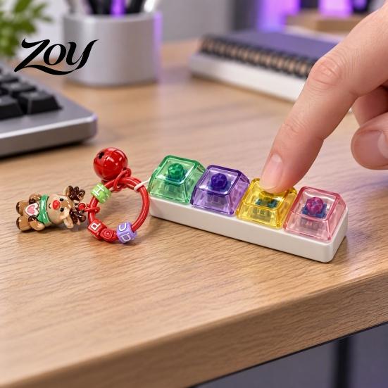Clicky Button Stress Toy Christmas Mechanical Keyboard Fidget Keychain, Push Relief Tactile Feedback Tool with Reindeer Bell Charm, Backpack Accessory