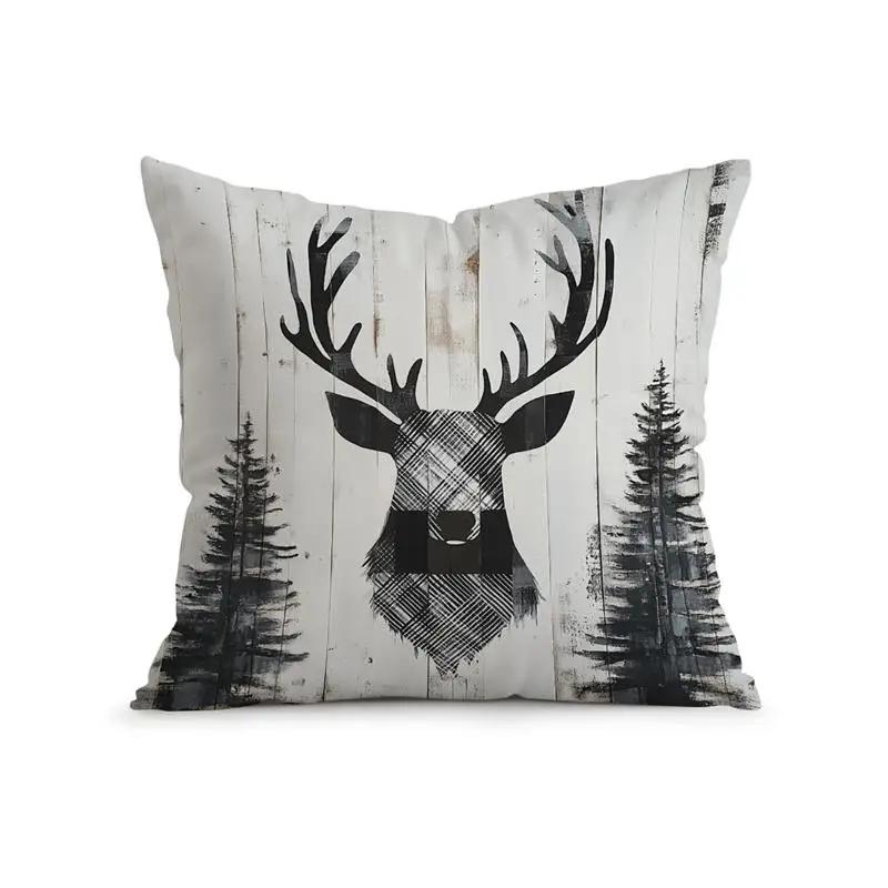 Home Decor Deer Heads & Forest Pattern Pillow Covers Pattern Cushion Cover Suitable For Sofa Bedroom Car Pillow Cover