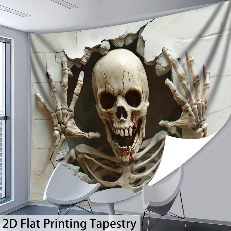 2D жуткий скелет гобелен для Хэллоуина, страшный череп пробивающий стену, подвесной для гостиной, спальни