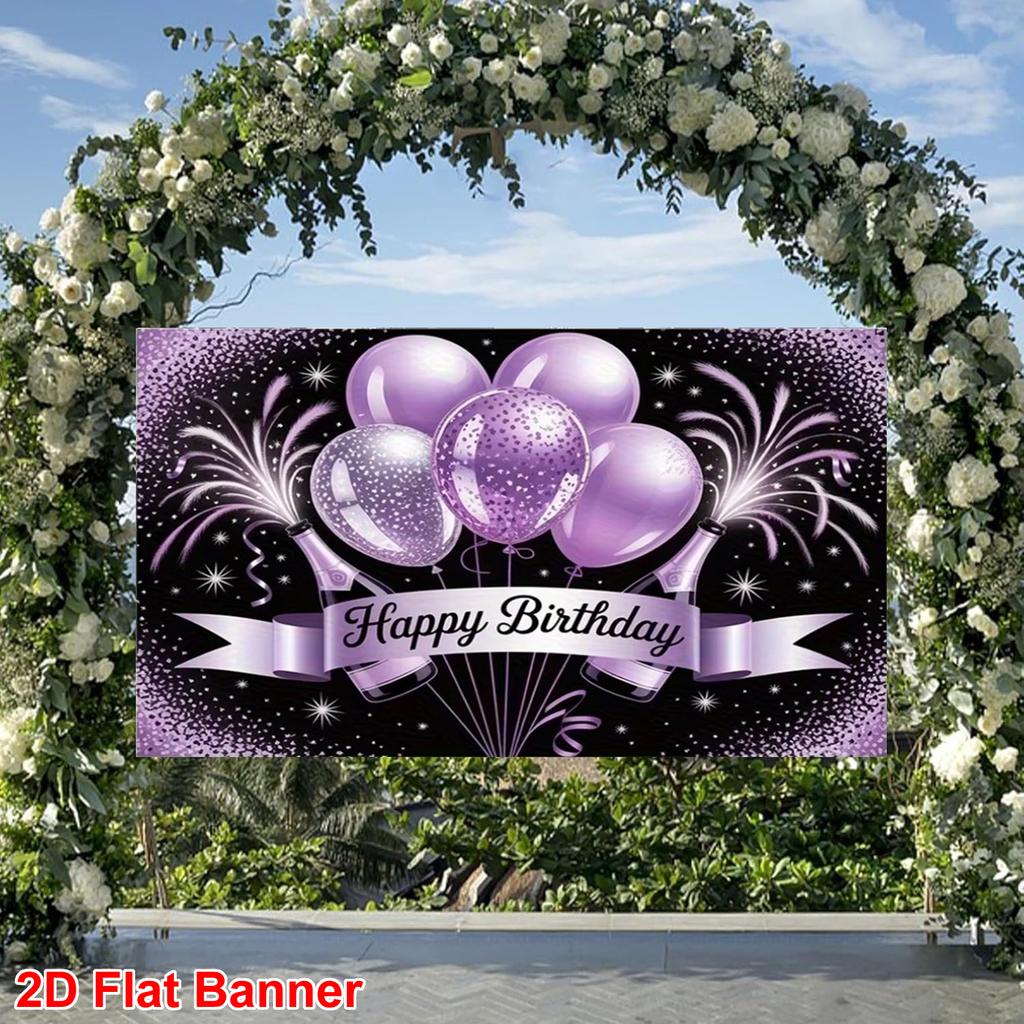 1 piece Happy Birthday Party Banner - Vibrant purple and black balloon design, sparkling stars, durable polyester backgr