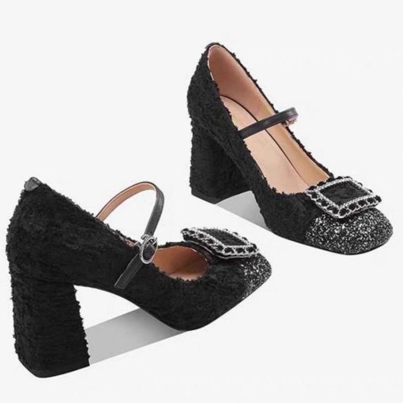 Модная осенняя новинка, туфли на толстом каблуке, женские, с круглым носком, с неглубоким вырезом, цветной бриллиантовой пряжкой, противоскользящие, износостойкие, низкие
